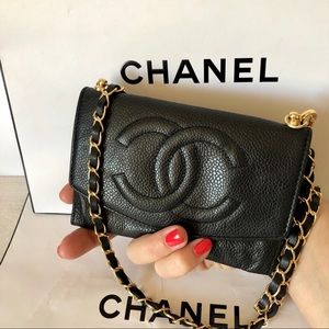 CHANEL Timeless Black Leather CC Wallet on Chain